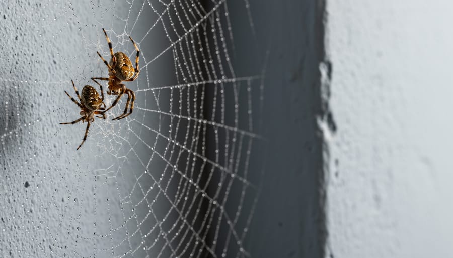 Spider web decoration with multiple spiders arranged in a living room window corner