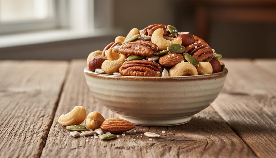 Toasted nuts and pumpkin seeds on a baking sheet