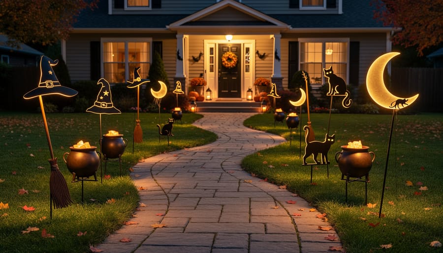 Eye-level view of Halloween witch yard stakes placed along a garden walkway at dusk.